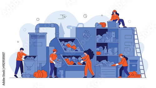 Team of workers in orange uniforms sorting and processing waste at a large blue recycling factory with machines.
