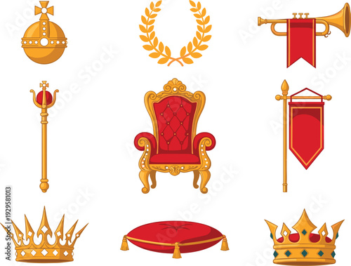 Luxury royal kingdom collection featuring golden crowns throne scepter laurel wreath and velvet cushion isolated on white background for majestic heraldic branding and medieval concepts.