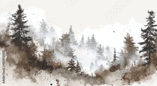 Watercolor image of misty forest, trees in various hues, with a light background