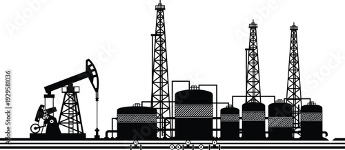 Black industrial oil refinery silhouette with pump jack drilling rigs storage tanks and pipelines for petroleum energy production and gas factory engineering vector illustration