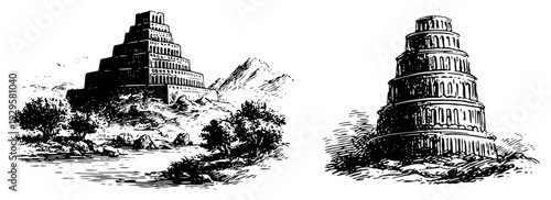 Detailed vintage engravings of the Tower of Babel and ancient Mesopotamian ziggurats