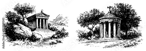 Set of vintage woodcut illustrations depicting ancient classical temples and circular pavilions