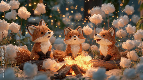 Three cute 3D foxes sitting by campfire in cotton flower field