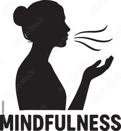 Mindfulness breathing human silhouette, calm inhale exhale concept, stress relief meditation practice, minimal black vector illustration.