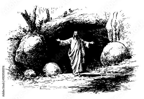 Illustration of the resurrection of Jesus Christ emerging from the cave tomb
