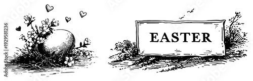 Vintage engraving of an Easter egg in a nest next to a wooden sign