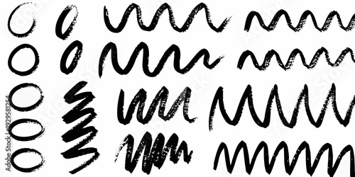 Abstract brushstrokes forming circles and wavy lines on white background