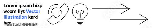 Communication, idea sharing, business processes, innovation workflow, digital transformation, remote collaboration. A phone icon, lightbulb and arrows connected visually. Communication and idea