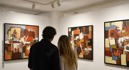 A couple admires abstract art in a modern gallery with vibrant paintings on the walls.