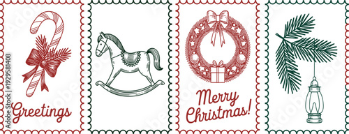 Vintage Christmas illustration panels, candy cane greetings, rocking horse, festive wreath, pine branch lantern, holiday decoration, retro greeting card design, traditional seasonal artwork