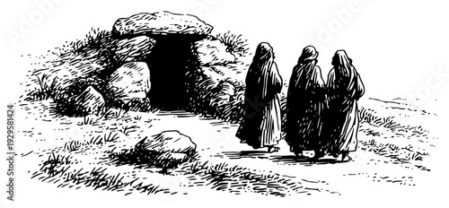 Biblical engraving of three cloaked women approaching the empty cave tomb