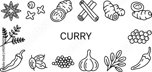 Curry spice ingredients illustration, black and white drawing, ginger turmeric garlic chili, cinnamon cloves cardamom star anise, traditional cooking herbs artwork