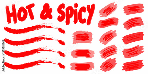 Hot spicy text with red chili pepper illustrations and brush strokes