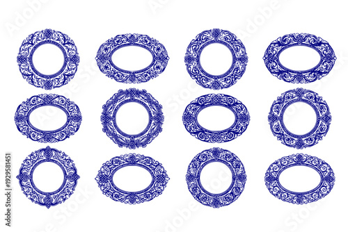 Vintage Engraved Baroque Circular Frame Set - Black Vector Round Floral and Knot Borders Isolated on White