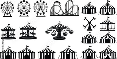 Silhouette illustration of amusement park attractions including Ferris wheels, roller coaster, carousels, swing rides, spinning rides, and circus tents in festive carnival theme design.