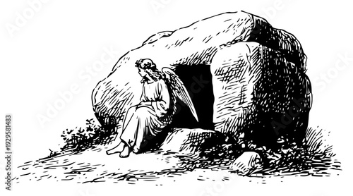 Vintage woodcut illustration of an angel sitting by the open empty tomb