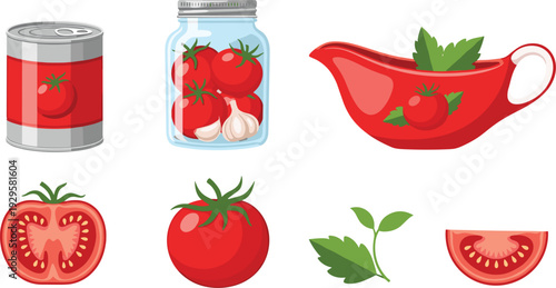 Fresh tomato product collection featuring canned sauce jar of preserved tomatoes gravy boat with basil and sliced organic vegetables for kitchen and cooking themes.