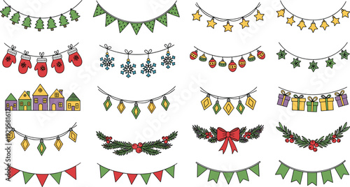Christmas hanging garland set with festive lights bunting ornaments and holiday decorative elements