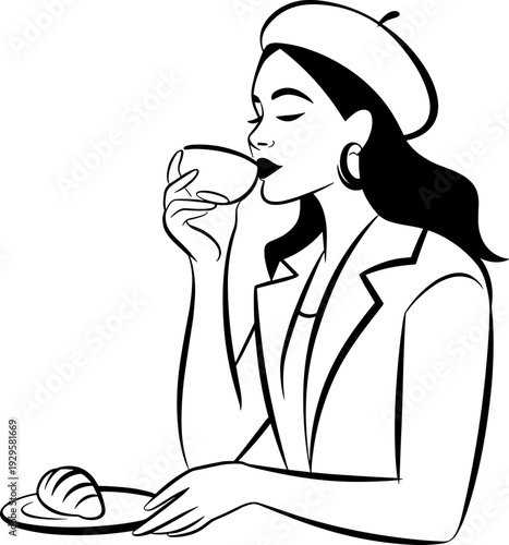 Cafe scene illustration, elegant line art drawing, woman sipping coffee, croissant breakfast plate, beret fashion style, Parisian leisure artwork sketch