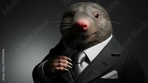 Suited Mole Gesturing in Studio Setting.