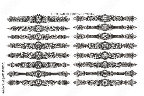 Vintage Engraved Baroque Decorative Divider Set - Black Vector Ornate Cartouche and Knot Graphics Isolated on White