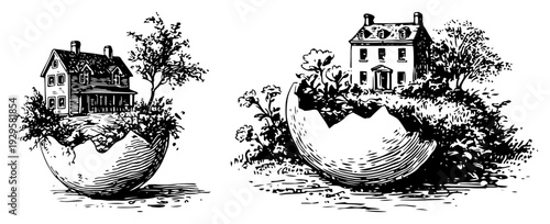Surreal vintage engraving of tiny houses built inside cracked eggshells