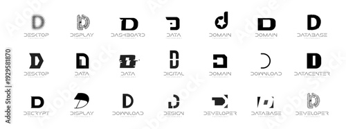 Modern tech letter D logos set for branding, corporate identity, app icon, fintech startup design. Technology logo collection for digital business, software company, web interface.Vector illustration.