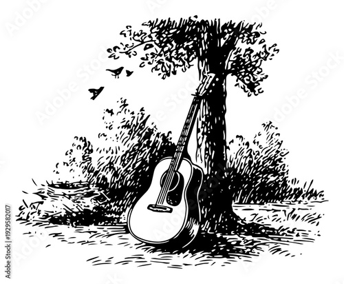 Vintage woodcut illustration of an acoustic guitar leaning against a large tree in nature