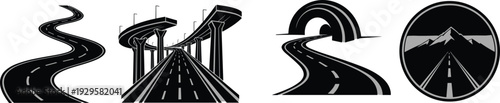 Stylized black and white road illustration set featuring winding path, elevated highway, tunnel entrance, and mountain travel emblem for design, signage, and journey concepts