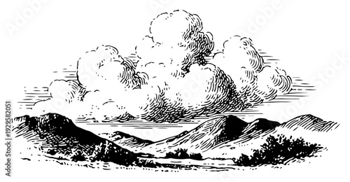 Dramatic vintage woodcut illustration of large puffy clouds over a hilly mountain landscape