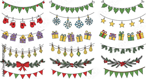 Christmas garland collection with festive bunting lights gifts and holiday decorative hanging elements