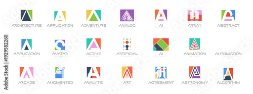 Colourful Letter A Logo Collection Fun Geometric Shape Style, Modern Minimalist Creative Branding for Business Identity Design. Monogram Set for Startups, Businesses, Companies. Vector Illustration