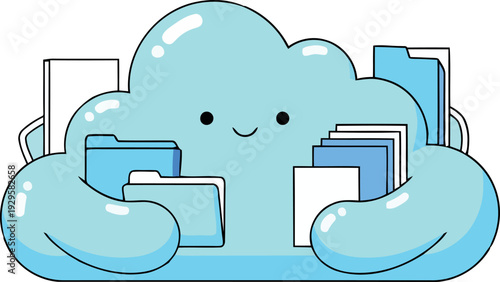 Smiling cloud character holding multiple documents and folders