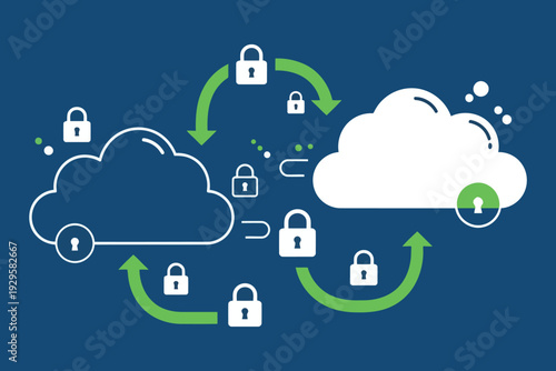 Secure cloud data transfer with encrypted locks and green arrows