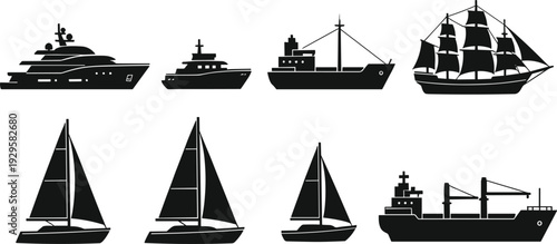 Black silhouette icons of luxury yachts sailing boats vintage ships and industrial cargo vessels isolated on white background for maritime transport and nautical design