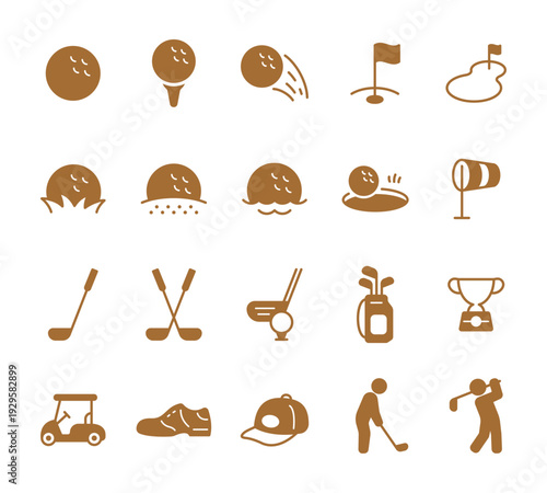 ゴルフのソリッドアイコンセット 黄色／ゴールド　ベクター素材