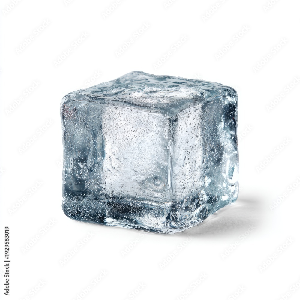 Obraz premium Clear, multifaceted, melting ice cube with sharp edges and a blurred shadow