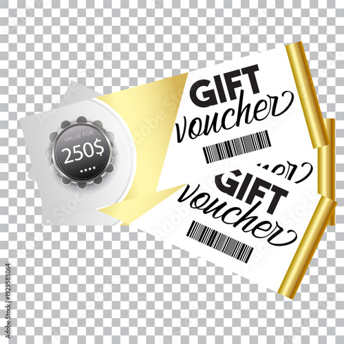 A gift voucher template with a gold realistic ribbon. Design an invitation, certificate, gift coupon, ticket or voucher. Vector illustration