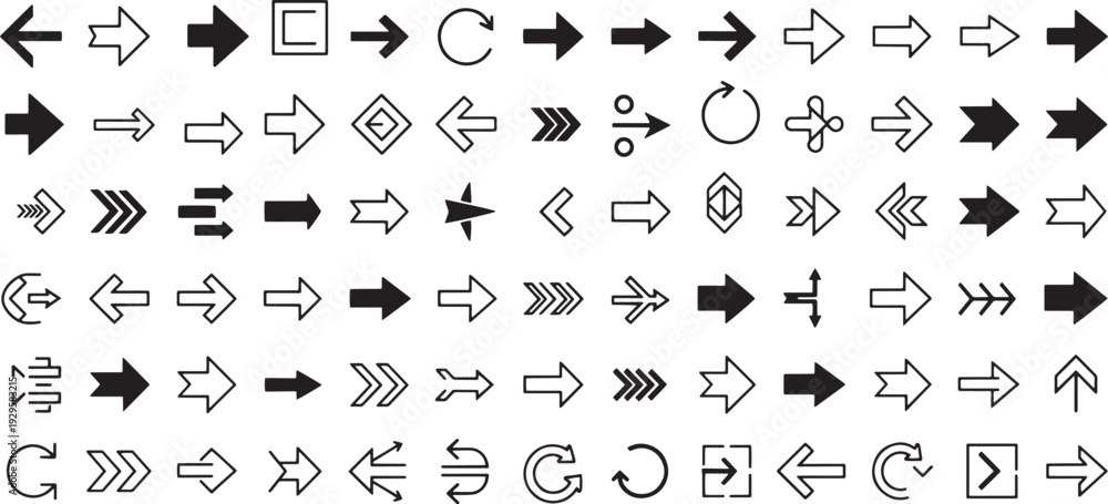 Naklejka premium Arrows set of 100 black icons. Arrow icon. Arrow vector collection. Arrow. Cursor. Modern simple arrows. Vector illustration.s. Vector illustration.