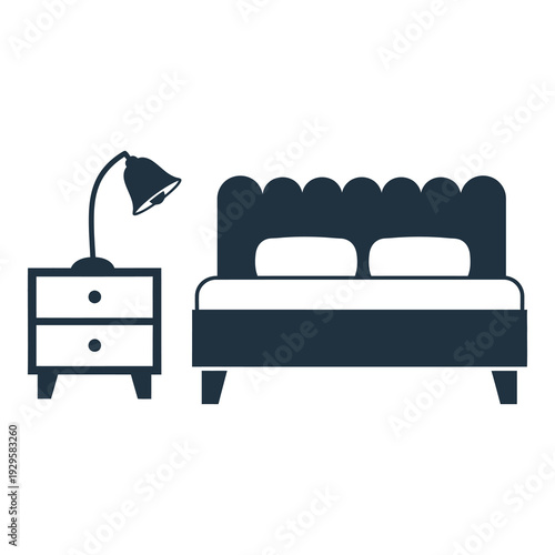 Bed and nightstand with lamp on white background icon