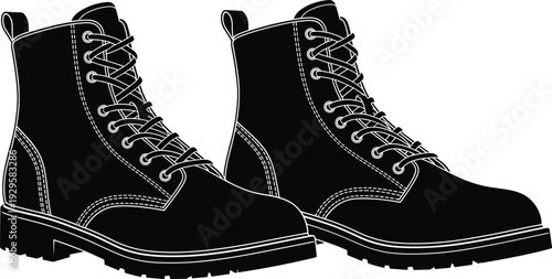 Black leather lace up boots pair, detailed military or work footwear silhouette vector illustration, rugged fashion and protective shoe design