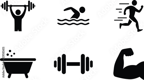Collection of six black fitness and sports icons representing weightlifting swimming running bathing weightlifting and bodybuilding isolated on transparent background