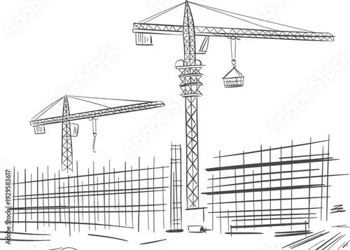 Industrial building construction site line drawing featuring tower cranes scaffolding and developing urban structural frame