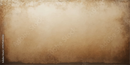 A blank vintage parchment with a stained grunge texture lies on a rough aged wood backdrop, featuring a worn brown antique paper design and a weathered retro pattern