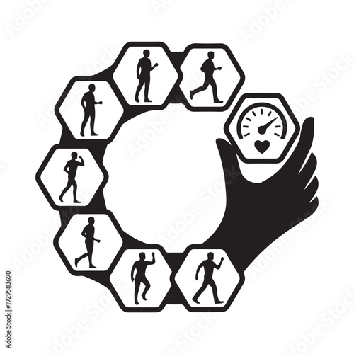 Fitness tracker displaying running silhouettes and heart rate held by a hand