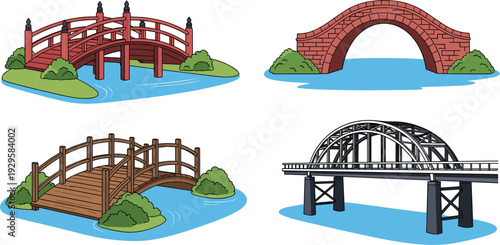 Set of diverse bridge illustrations including a traditional Japanese red bridge stone arch bridge wooden garden bridge and modern steel railway bridge over water vector designs.