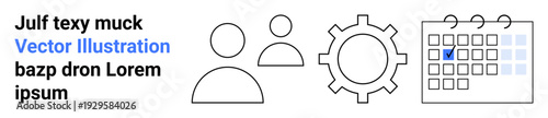 Business organization, workflow management, online scheduling, user interfaces, productivity tools, technology solutions. Icons of users, gear and calendar. Business organization and workflow