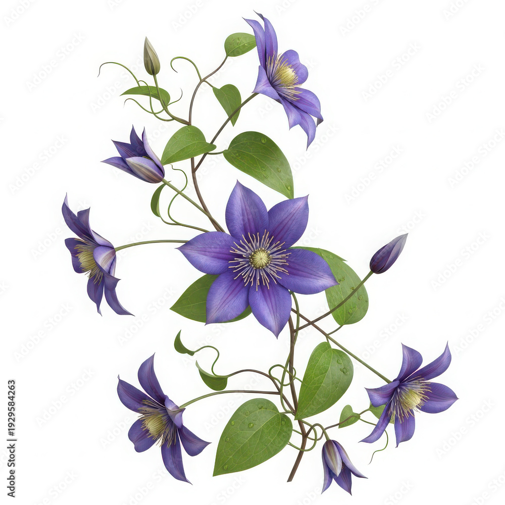 Obraz premium Delicate cluster of purple and blue flowers with green foliage against a plain background isolated on transparent background, illustration