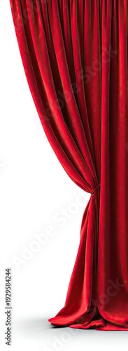 A dramatic, flowing red curtain against a white background, pulled to the side