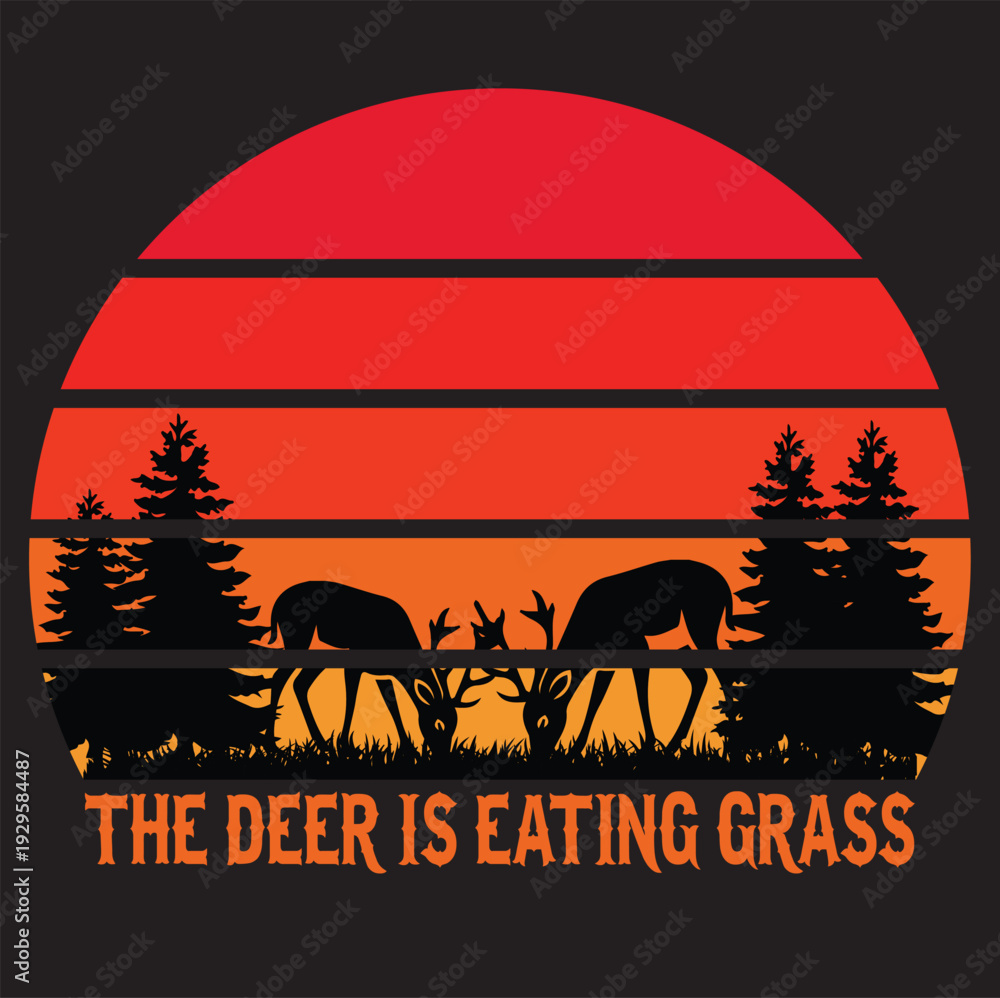 Obraz premium Art & Illustration Deer Silhouette Against Sunset with Trees and Glowing Sun